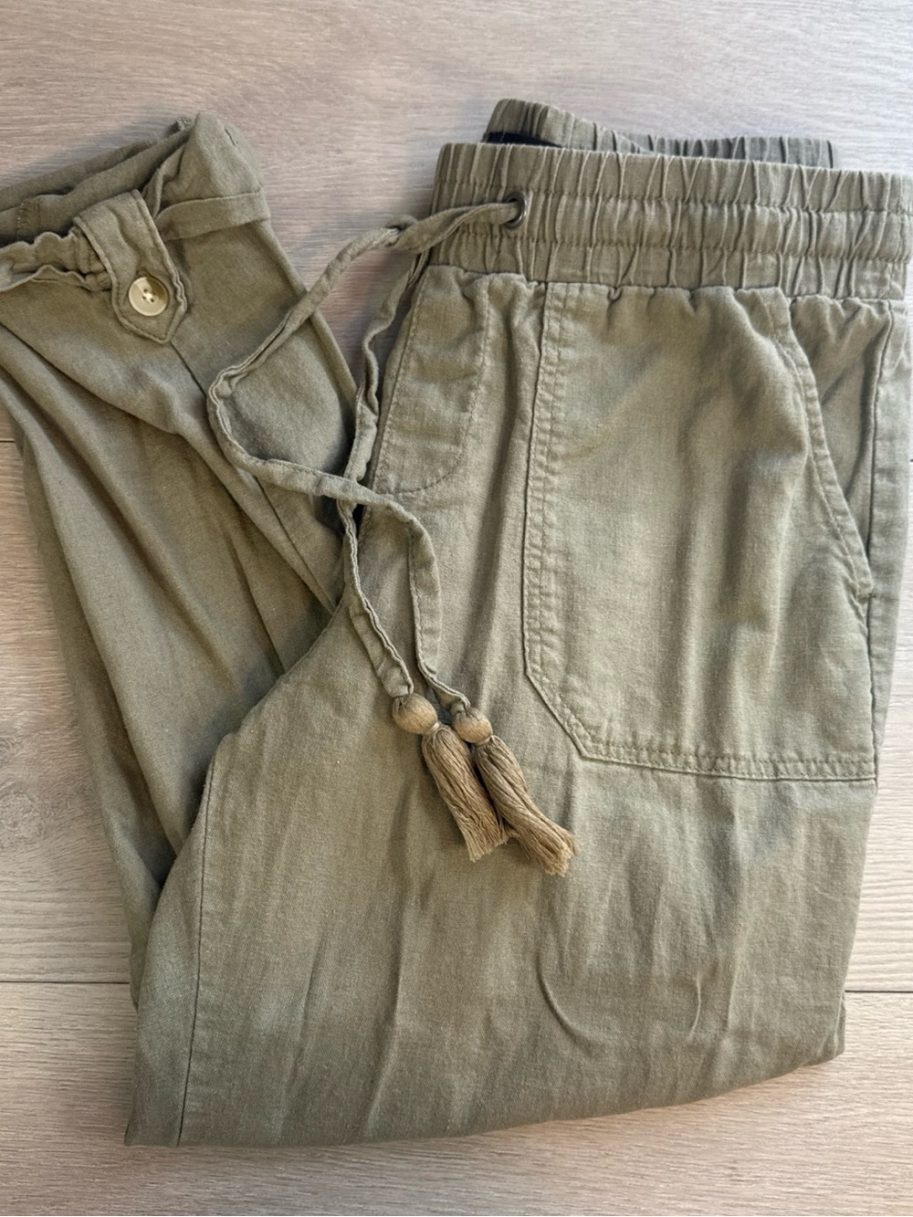Sound Style Linen Blend Jogger Pants Women Size M Green Sage Drawstring Pockets